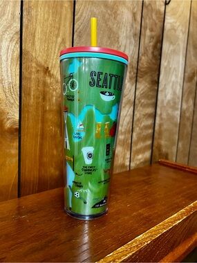 Starbucks Green Seattle Illustrated Tumbler with Red Rim & Yellow Straw retired